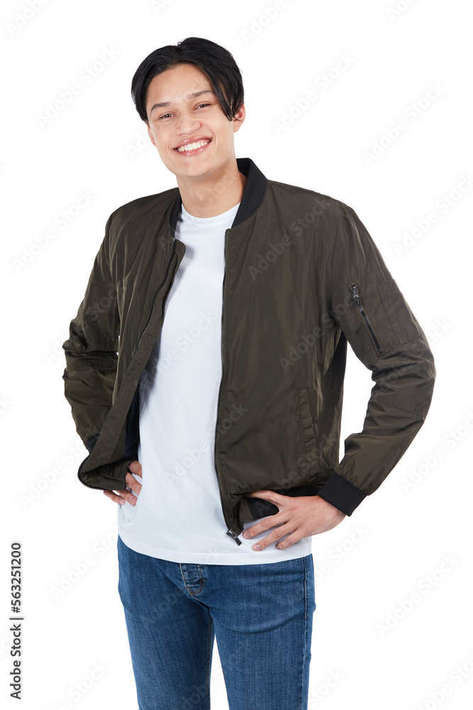 Happy, stylish and portrait of an Asian man smiling isolated on a white background in a studio. Fash