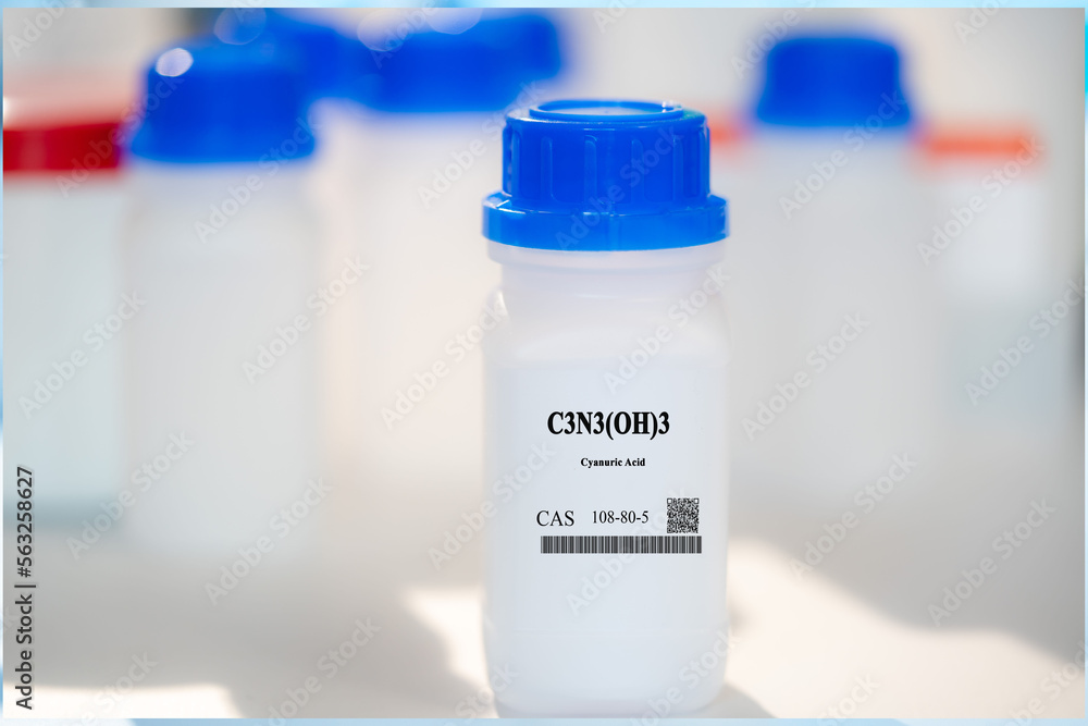 C3N3(OH)3 cyanuric acid CAS 108-80-5 chemical substance in white plastic laboratory packaging