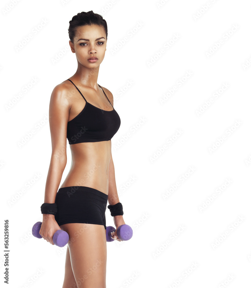 Sport dumbbell, training and portrait of a black woman workout for healthy lifestyle and exercise. W