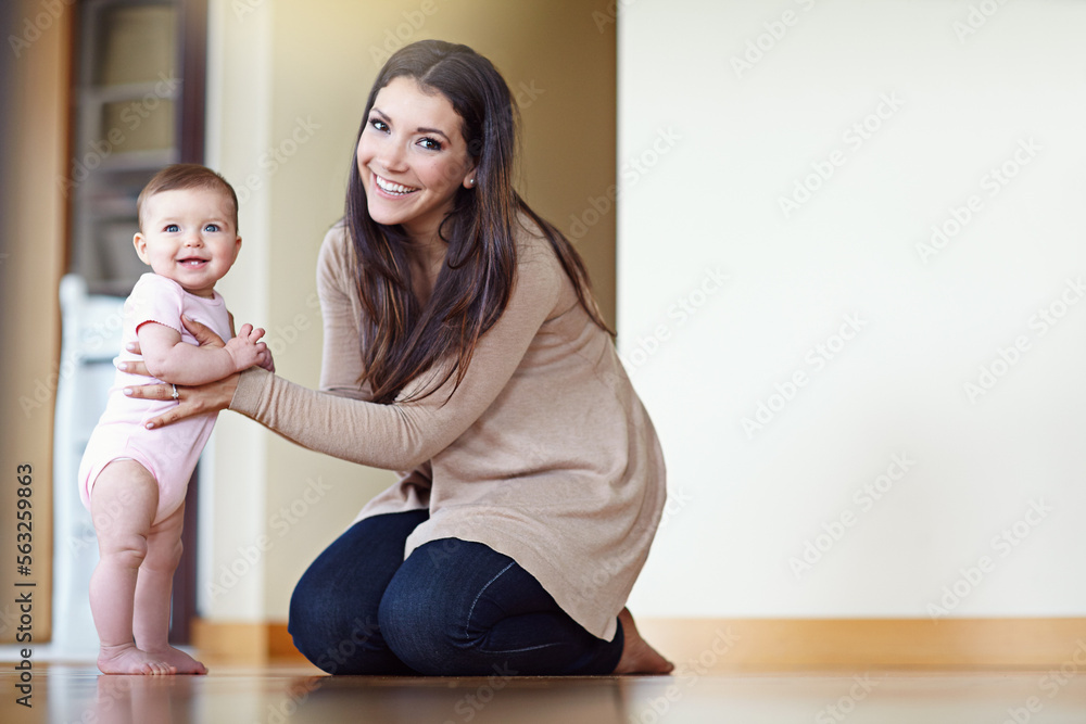 Mother, family and baby for learning to walk for development and growth with help and support. Portr