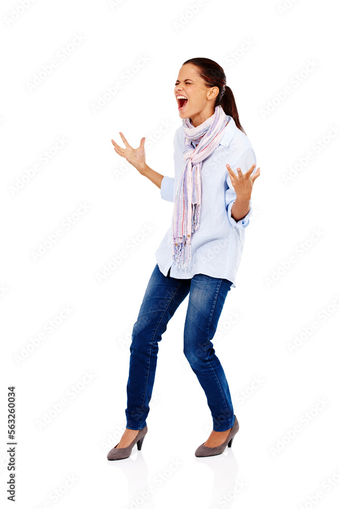 Angry, model and scream of a woman with stress frustrated about work isolated. White background, car