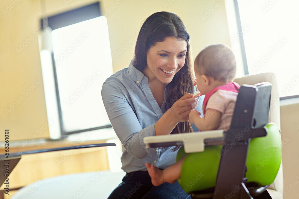 Mom, baby child and chair for breakfast, learning or love in house with smile, morning or bonding ha