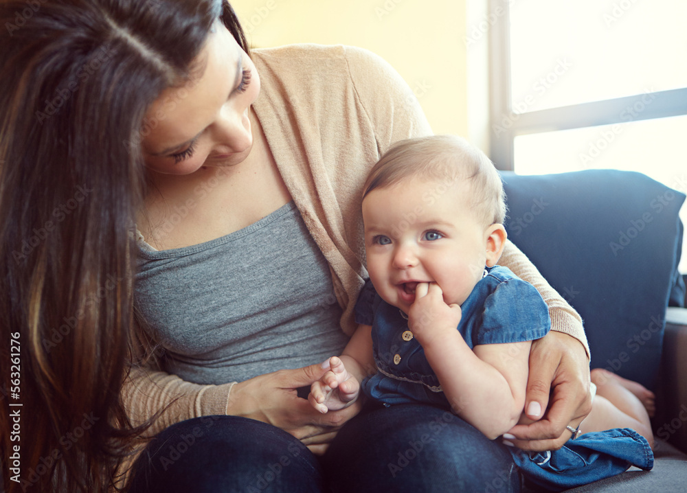 Relax, happy and smile with mother and baby on sofa for bonding, quality time and child development.