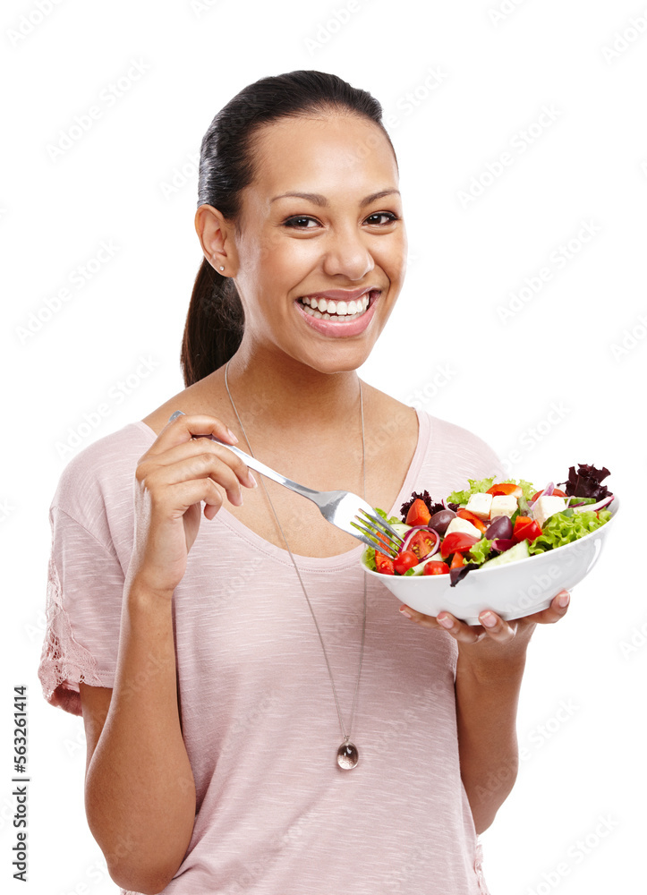 Woman in portrait, eating salad and healthy with diet and nutrition, detox and wellness with food is