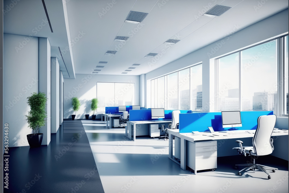 Modern office interior design . Contemporary workspace for creative business. Peculiar AI generative