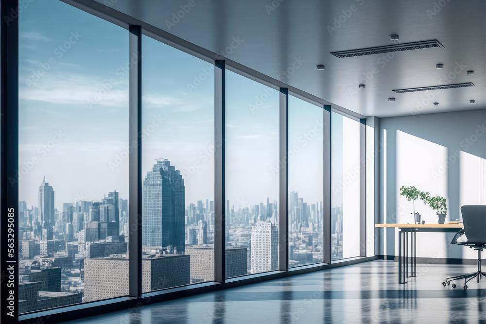 Empty modern office background in city center . Workspace interior design . Clean and bright office 