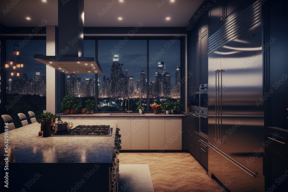 Luxury apartment kitchen at night . Luxury interior decoration design. Peculiar AI generative image.