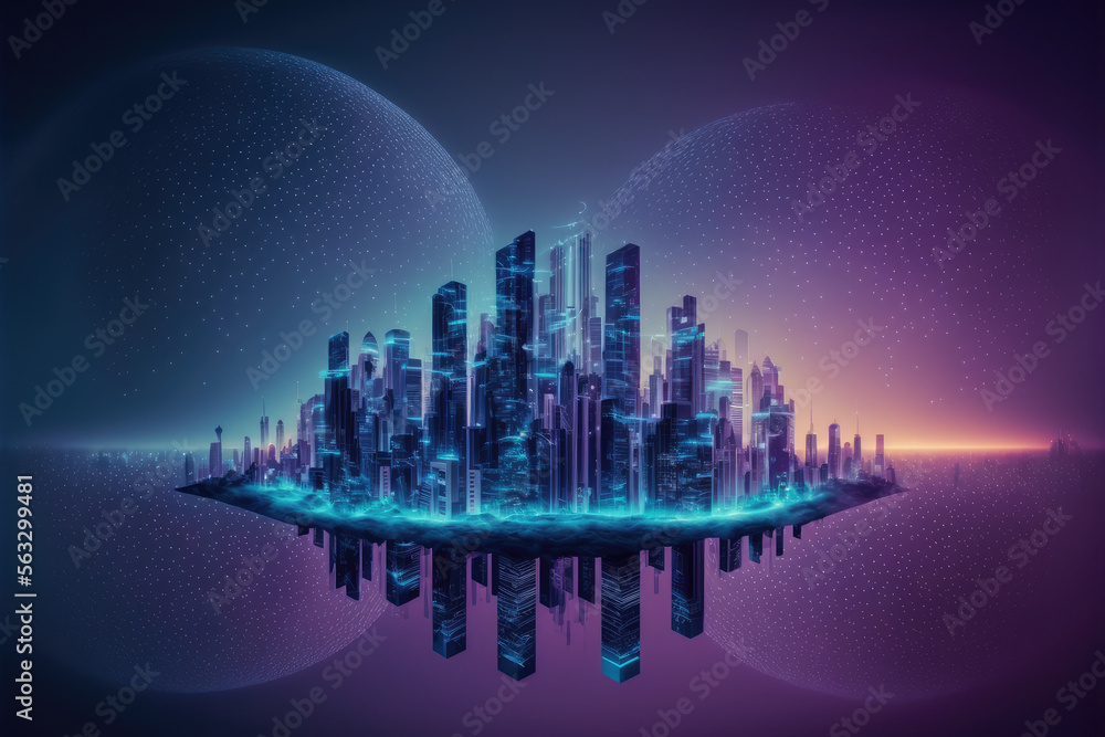 Futuristic smart city internet network connection through wireless system. Peculiar AI generative im