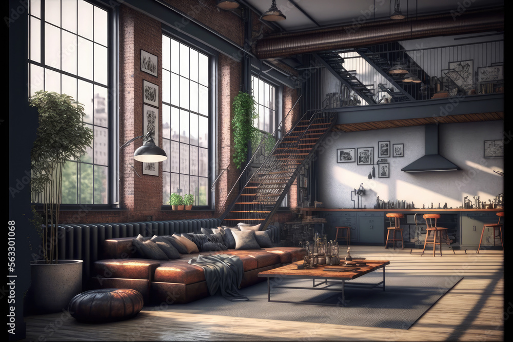 Luxury apartment decorated with industrial loft modern interior design. Peculiar AI generative image