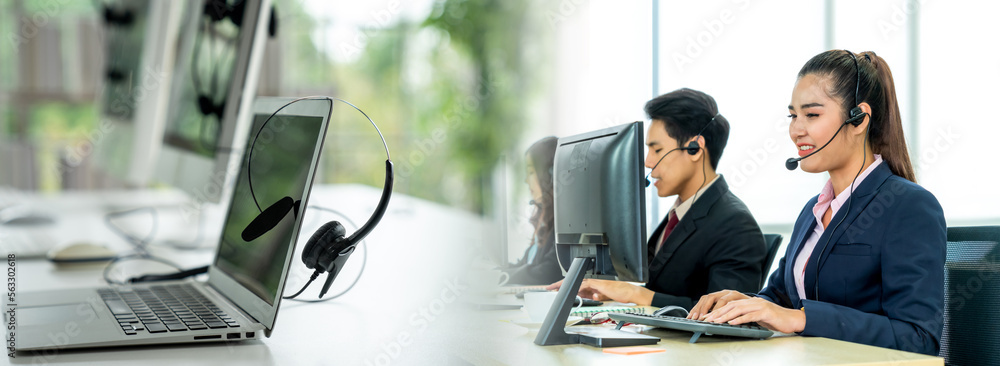 Business people wearing headset working in office in widen view to support remote customer or collea