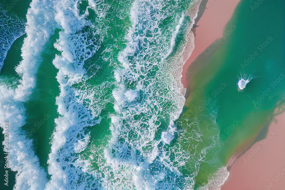 Spectacular top view from drone photo of beautiful pink beach with relaxing sunlight, sea water wave