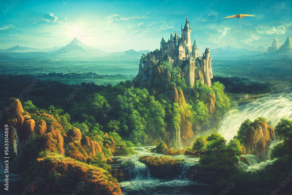 Beautiful of fantasy fairy tale castle on waterfall with hills and mountain scenery. Splendid greene