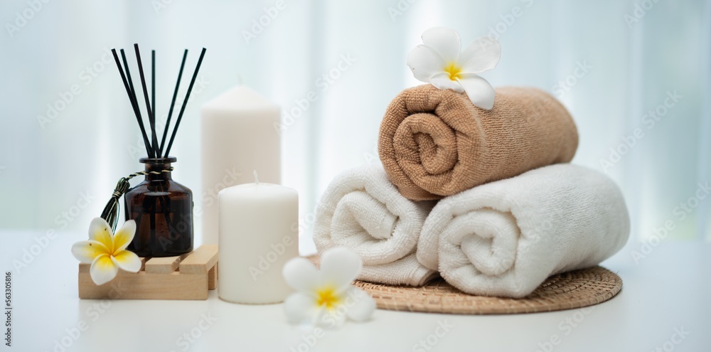 Spa accessory composition set in day spa hotel , beauty wellness center . Spa product are placed in 