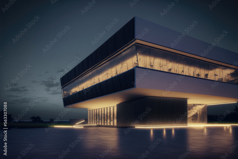 Office buildings and modern architecture at night. Peculiar AI generative image.