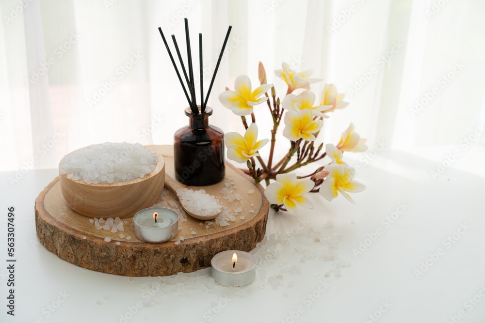 Spa accessory composition set in day spa hotel , beauty wellness center . Spa product are placed in 