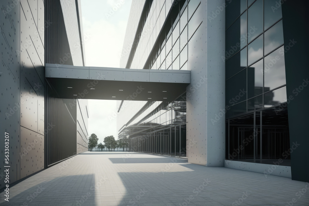 Modern architecture exterior of public hall entrance in urban building outdoor under bright sky with