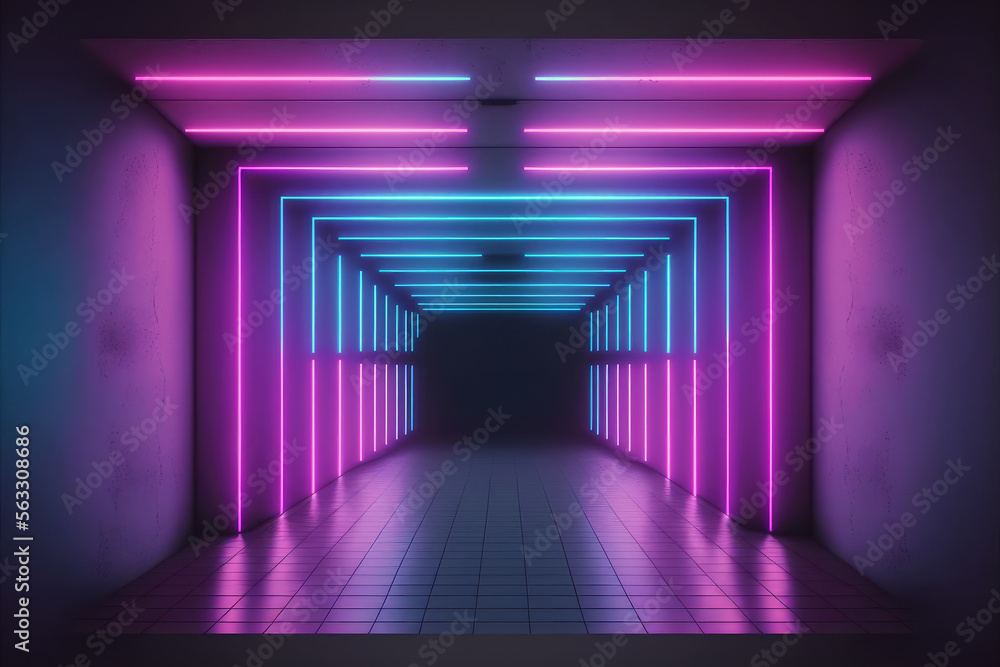 Neon light corridor tunnel with diminishing perspective view . Futuristic walking pathway. Peculiar 