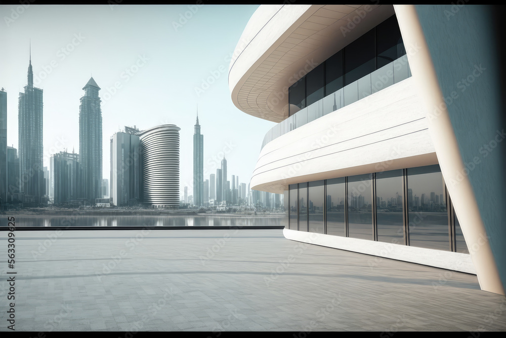 Modern architecture building design with empty concrete floor and urban city skyline in background s