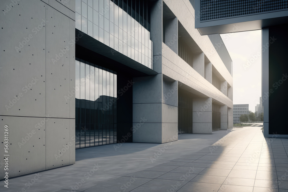 Modern architecture exterior of public hall entrance in urban building outdoor under bright sky with