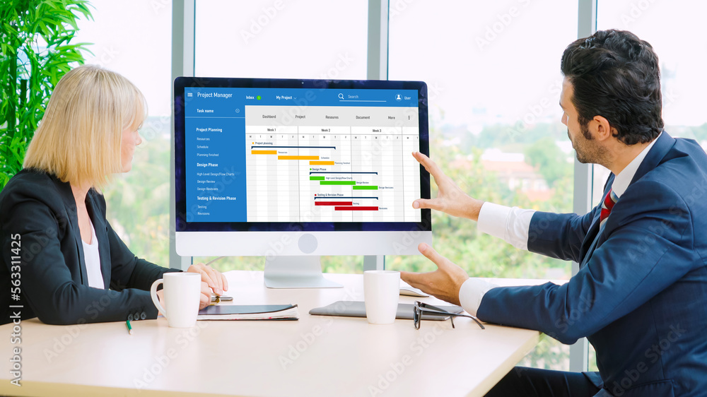 Project planning software for modish business project management on the computer screen showing time