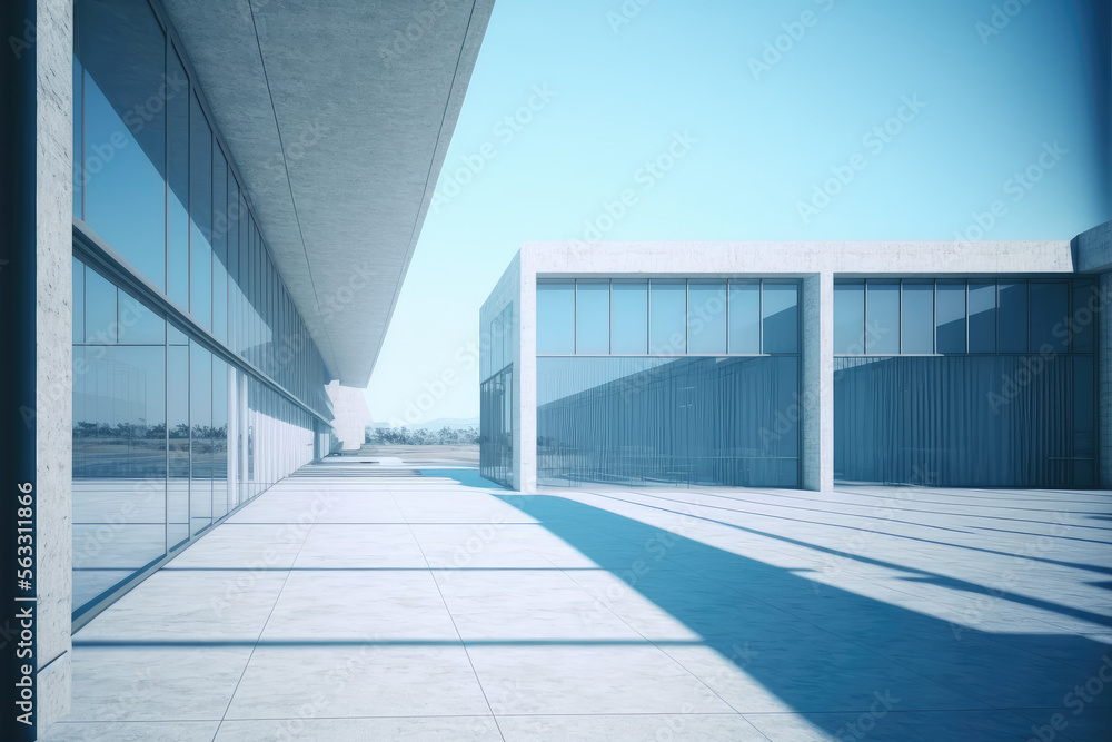 Modern architecture exterior of public hall entrance in urban building outdoor under bright sky with