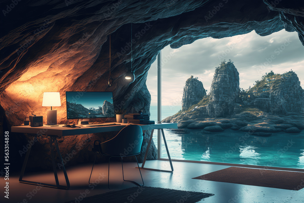 Imaginary home workspace in rocky cave with a large window overlooking ocean ridge landscape . Dream