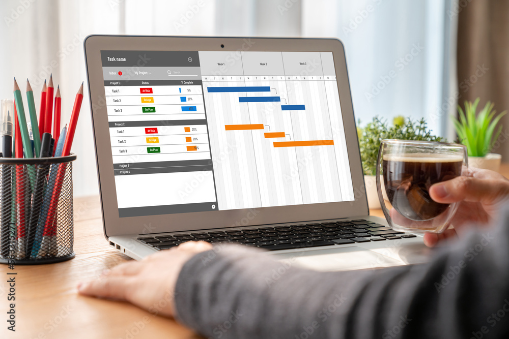 Project planning software for modish business project management on the computer screen showing time