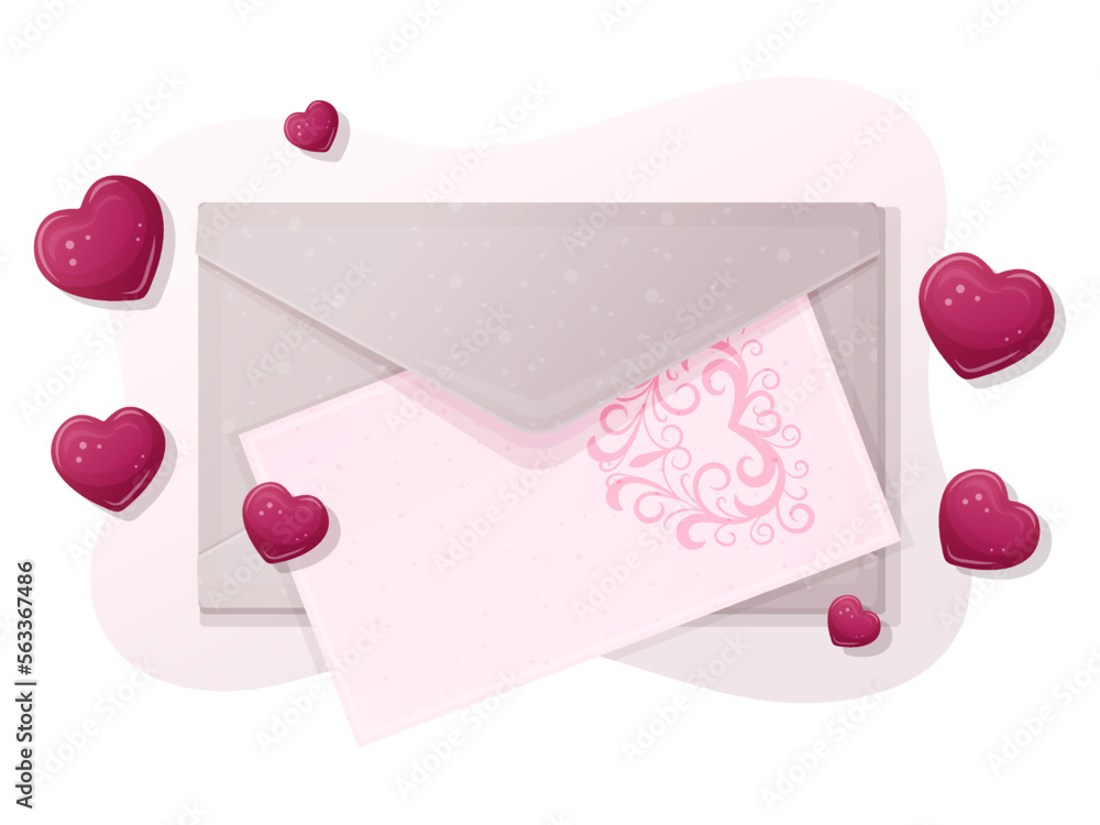 Love letter. card with paper envelope and red hearts. Vector illustration.