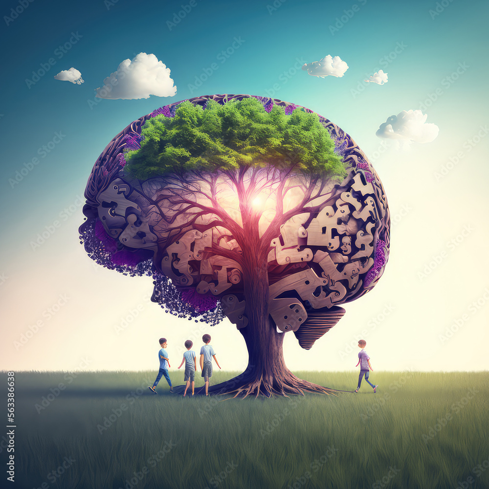 Tree in the shape of brain thinks and childrens to environmental solution (ai generated)