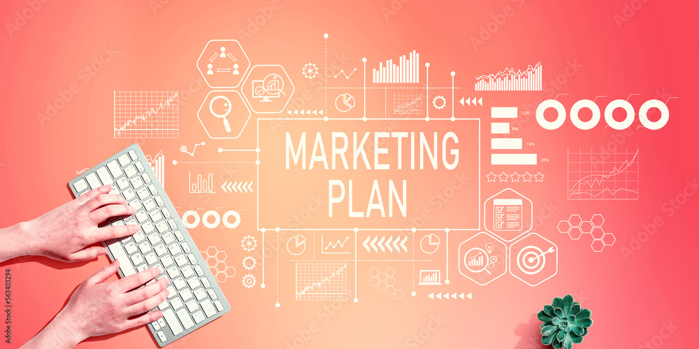 Marketing plan theme with person using computer keyboard