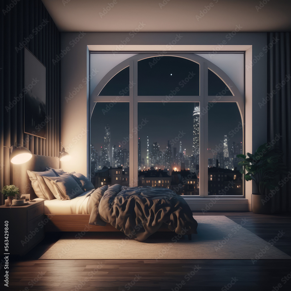 Interior of luxury penthouse bedroom at night. Peculiar AI generative image.