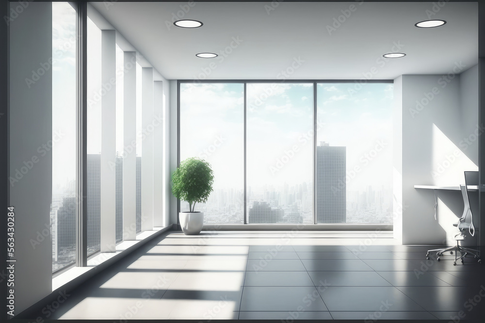 Empty modern office background in city center . Workspace interior design . Clean and bright office 