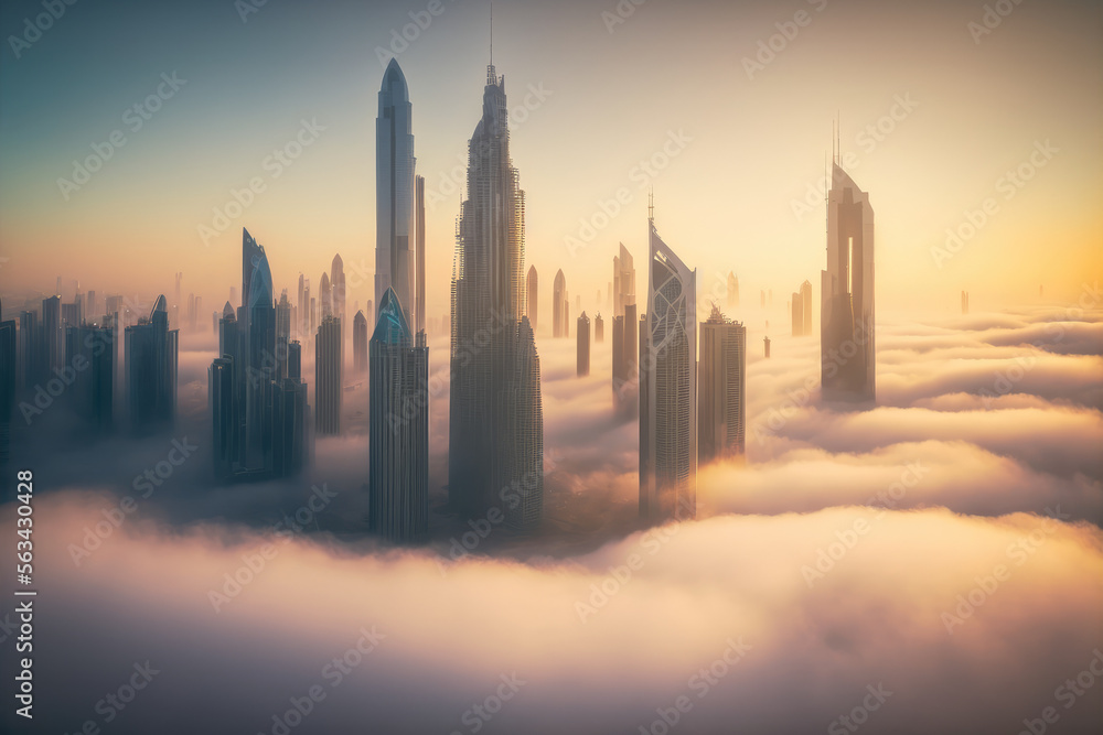 Top of skyscrapers building high above the clouds in the morning sunrise . Futuristic architecture o