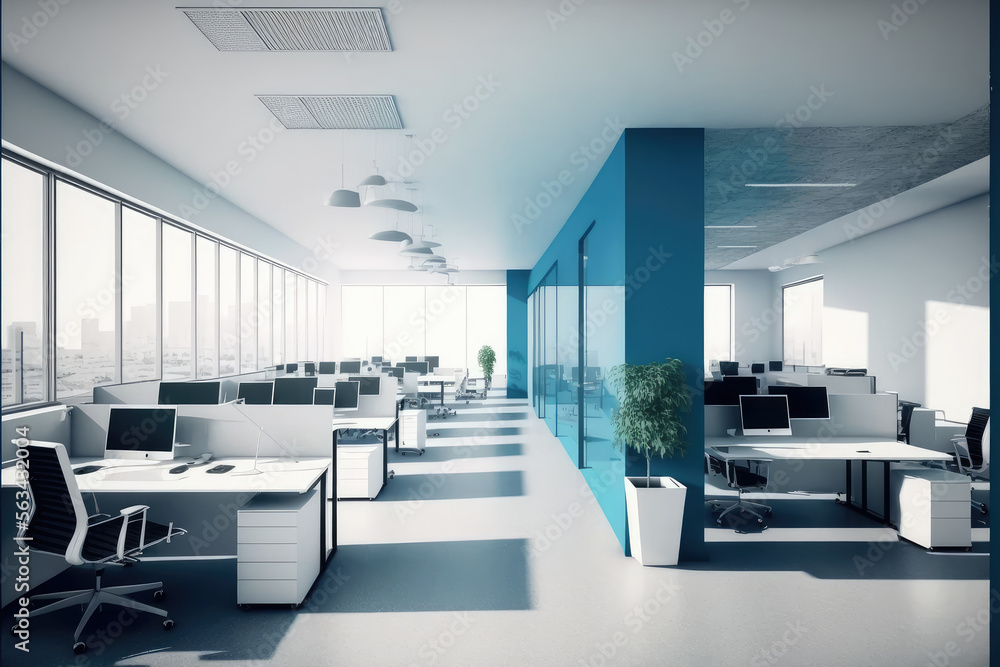 Modern office interior design . Contemporary workspace for creative business. Peculiar AI generative