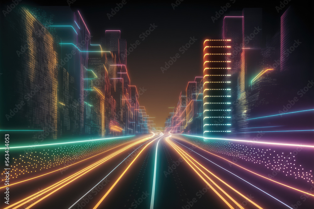 Abstract highway path through digital smart city graphic design. Peculiar AI generative image.