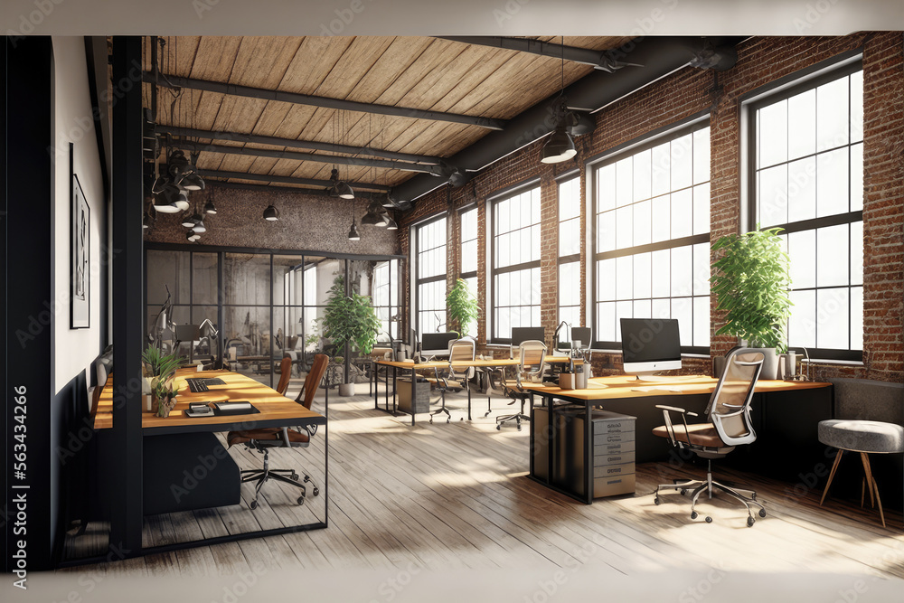 Luxury workspace office decorated with industrial loft modern interior design. Peculiar AI generativ