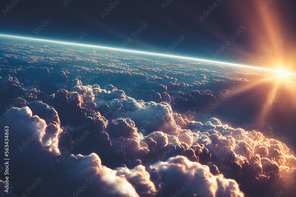 Splendid background cloudscape above the earths atmosphere in the stratosphere, with a galaxy and b