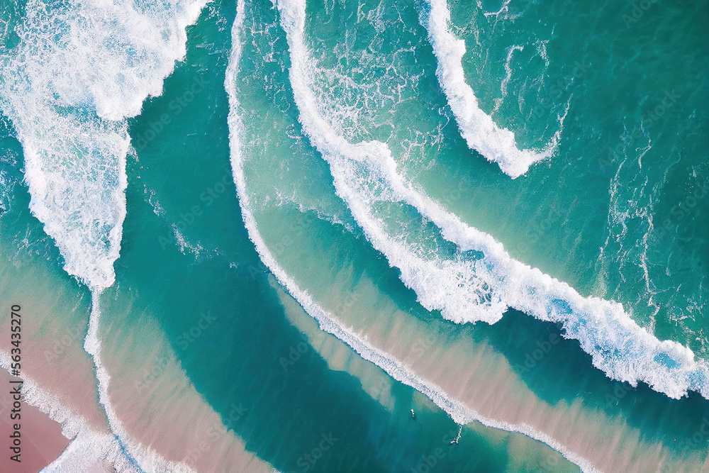 Spectacular top view from drone photo of beautiful pink beach with relaxing sunlight, sea water wave