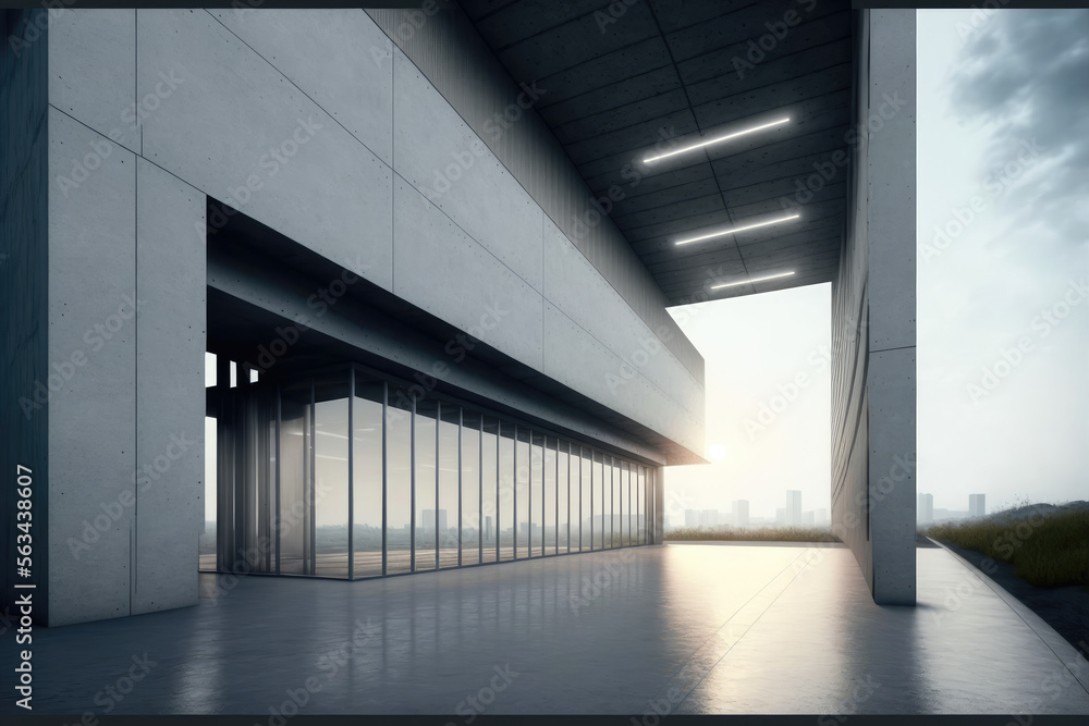 Modern architecture exterior of public hall entrance in urban building outdoor under bright sky with