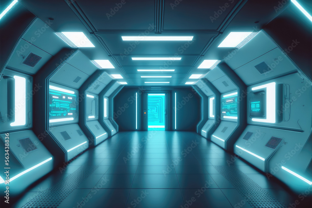 Empty sci-fi futuristic room of spaceship with blue light decoration . Super modern interior design.