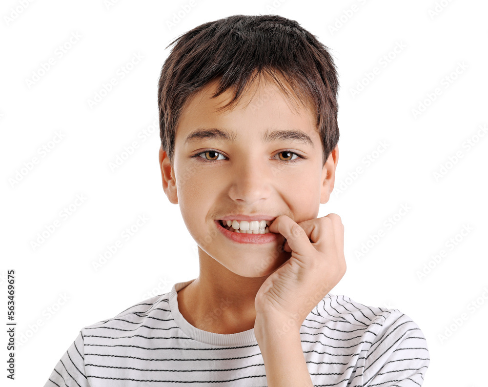 Little boy biting nails on white background, closeup