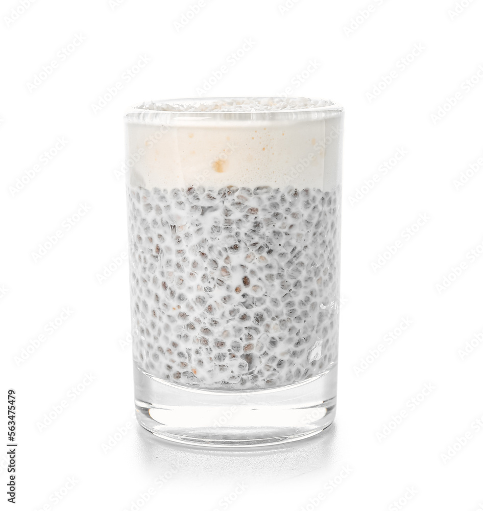 Shot of delicious pudding with chia seeds isolated on white background