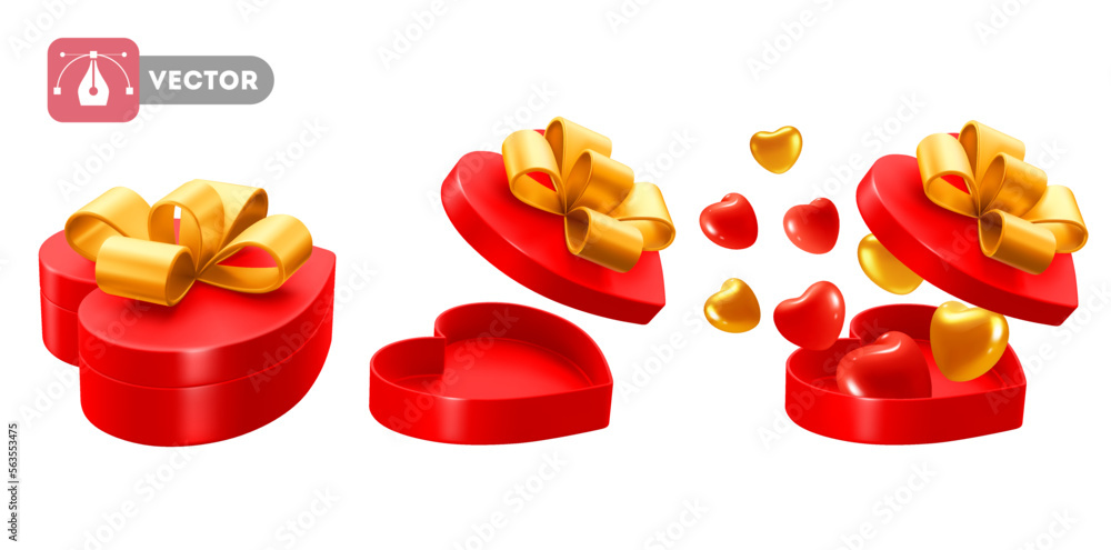 Red heart shape gift boxes with beautiful golden bow. Open, closed  and with hearts, which flying ou