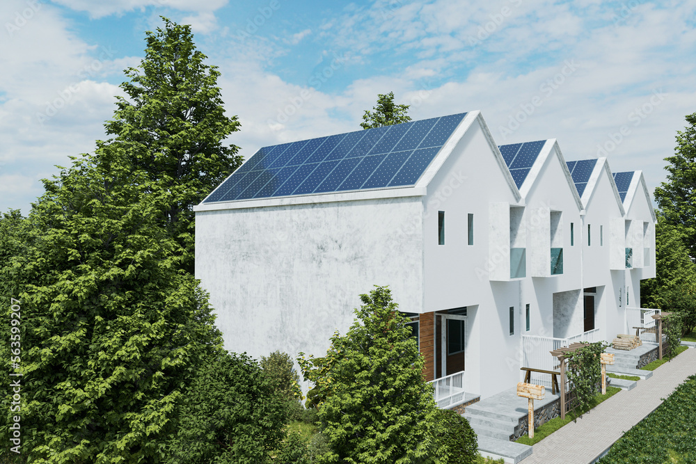 Solar panels on the roof of the modern house.