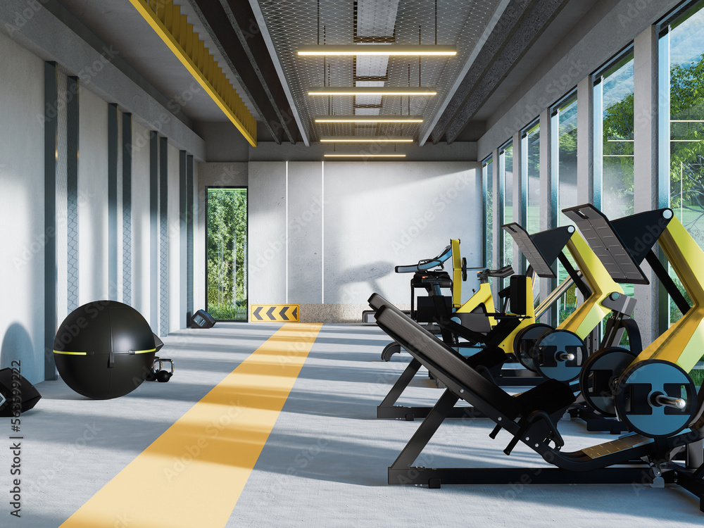 Gym room fitness center interior with equipment and machines.