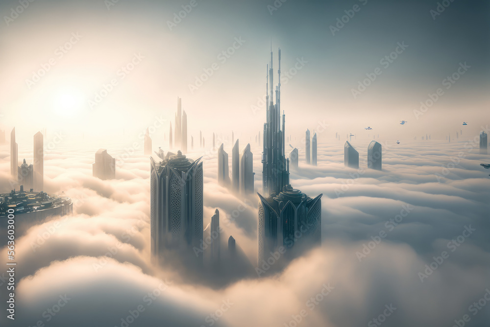 Top of skyscrapers building high above the clouds in the morning sunrise . Futuristic architecture o