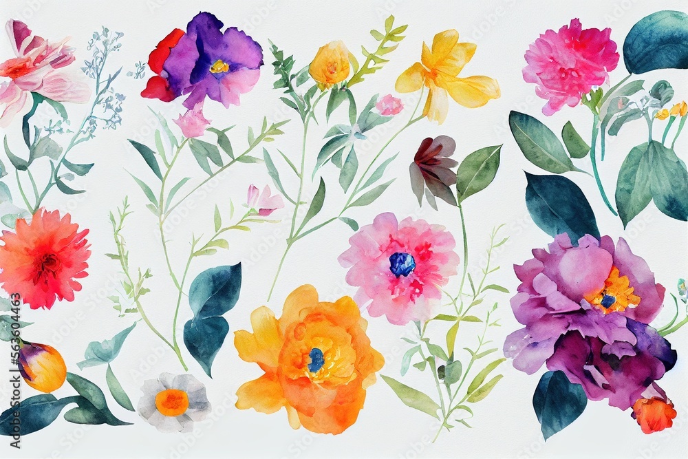 Flower bouquet set watercolor pieces of artwork design. Spring and summer flower nature in style of 