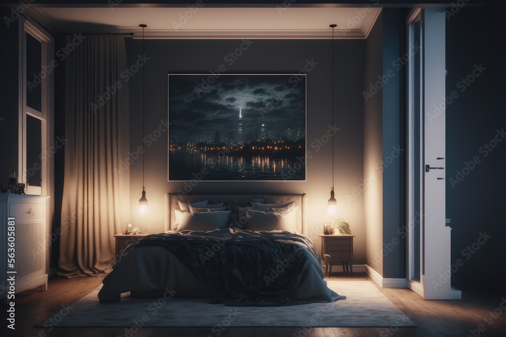 Interior of luxury penthouse bedroom at night. Peculiar AI generative image.