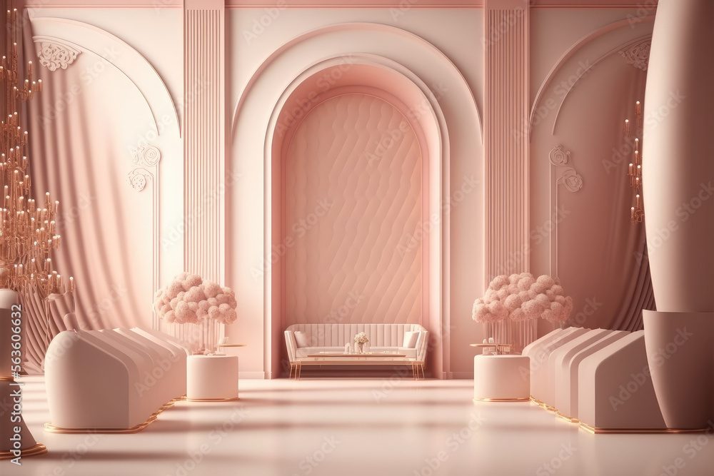 Modern living room interior design decorated in luxurious all pink color monochrome. Peculiar AI gen