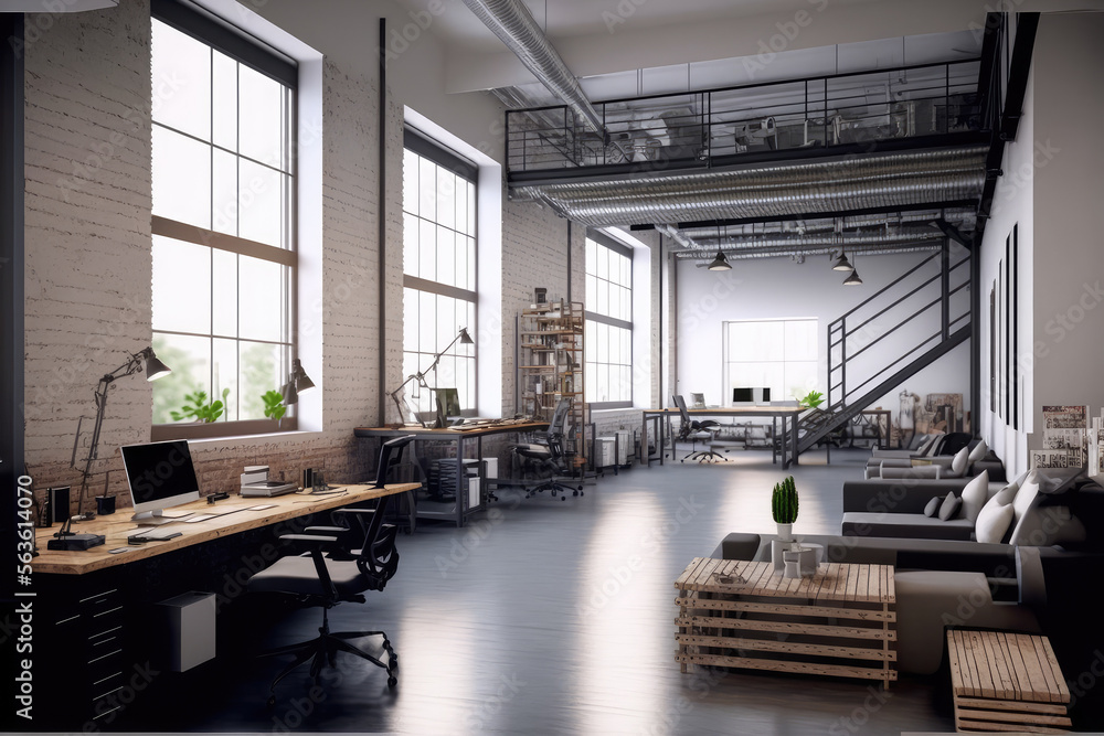 Luxury workspace office decorated with industrial loft modern interior design. Peculiar AI generativ